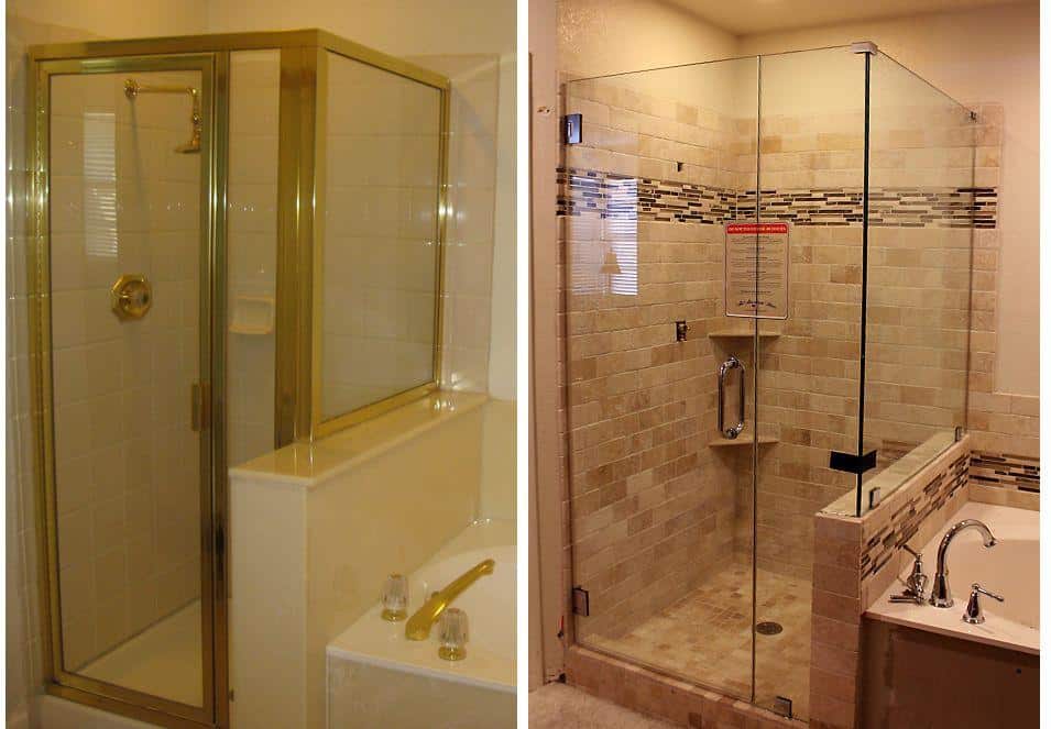 Before and after bathroom remodel showing improvement in design and property value