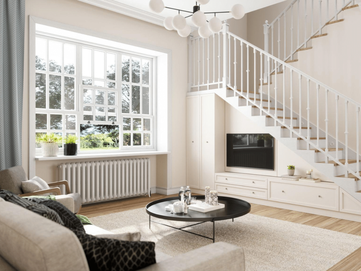 Sunlight entering bright coastal living room helping reduce dampness and improve indoor environment